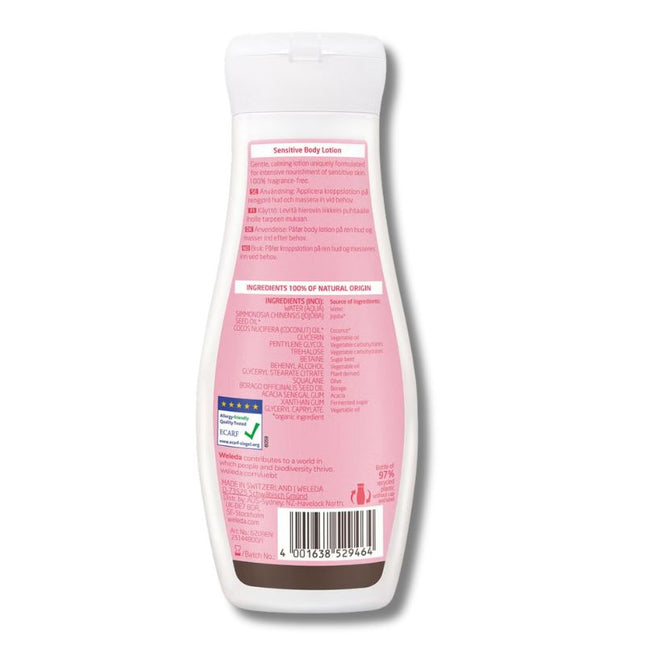 Back label of Weleda Sensitive Body Lotion Fragrance Free showing ingredients and ECARF allergy-friendly certification