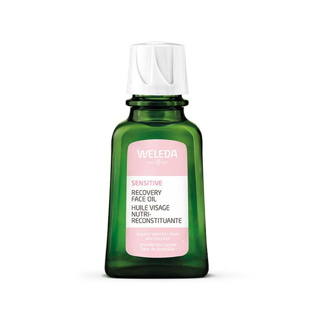 Weleda Sensitive Recovery Face Oil glass bottle with organic almond, plum and sloe blossom