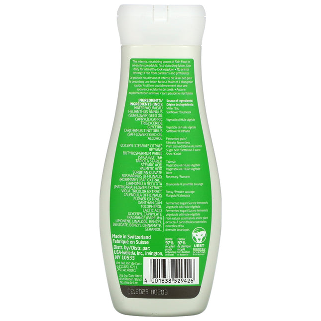 Back of Weleda Skin Food Body Lotion 200ml showing full ingredients list and recycled packaging information
