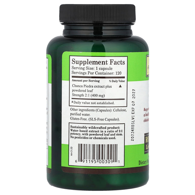Whole World Botanicals Royal Chanca Piedra bottle back label with supplement facts and ingredients
