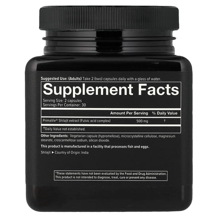Youtheory Men Shilajit 60 Veg Caps 250 mg - back of bottle with supplement facts