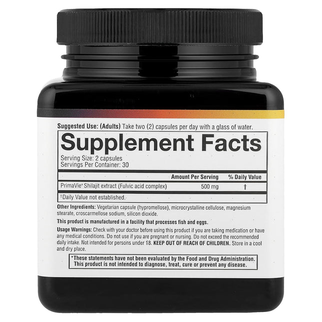Youtheory Shilajit 60 Vegetarian Capsules 250 mg - supplement facts label