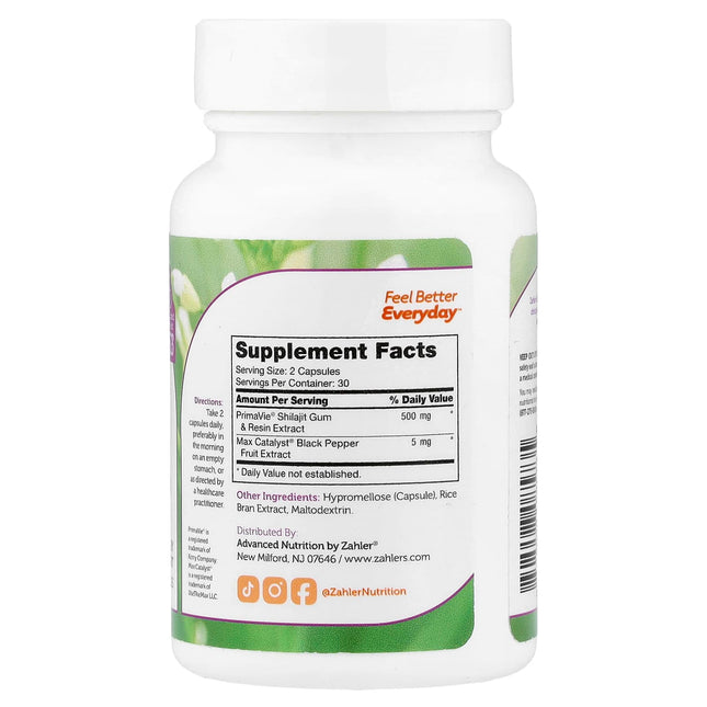 Zahler Shilajit 60 Capsules - back of bottle with supplement facts