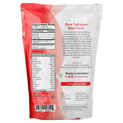 Zint Pure Grass-Fed Collagen Peptides, Unflavoured (Pouch) - Back label with supplement facts and ingredients