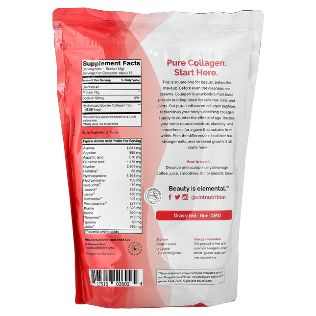 Zint Pure Grass-Fed Collagen Peptides, Unflavoured (Pouch) - Back label with supplement facts and ingredients