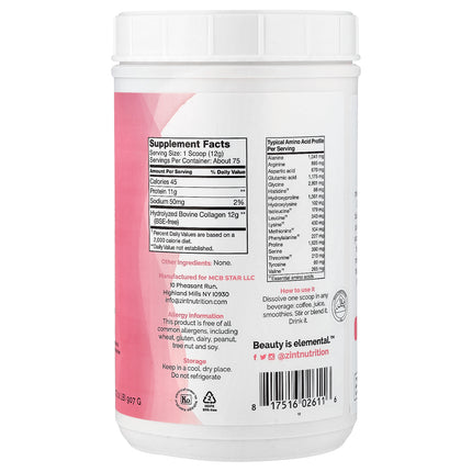 Zint Pure Grass-Fed Collagen Peptides, Unflavoured (Tub) - Back label with supplement facts and ingredients