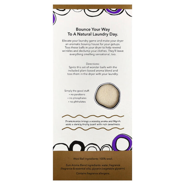ZUM, Wool Dryer Balls with Aroma Blend, Frankincense & Myrrh, 4 Pieces  - back label with ingredients