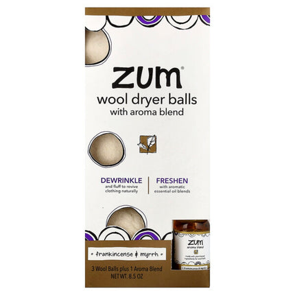 ZUM, Wool Dryer Balls with Aroma Blend, Frankincense & Myrrh, 4 Pieces  - front of pack