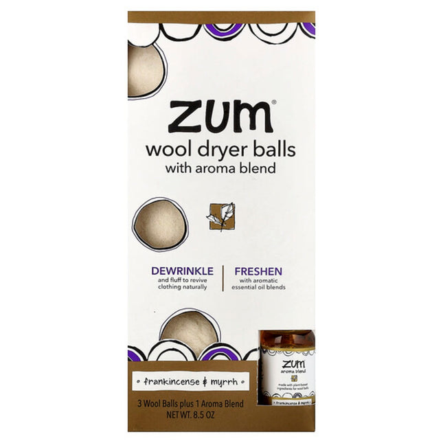 ZUM, Wool Dryer Balls with Aroma Blend, Frankincense & Myrrh, 4 Pieces  - front of pack
